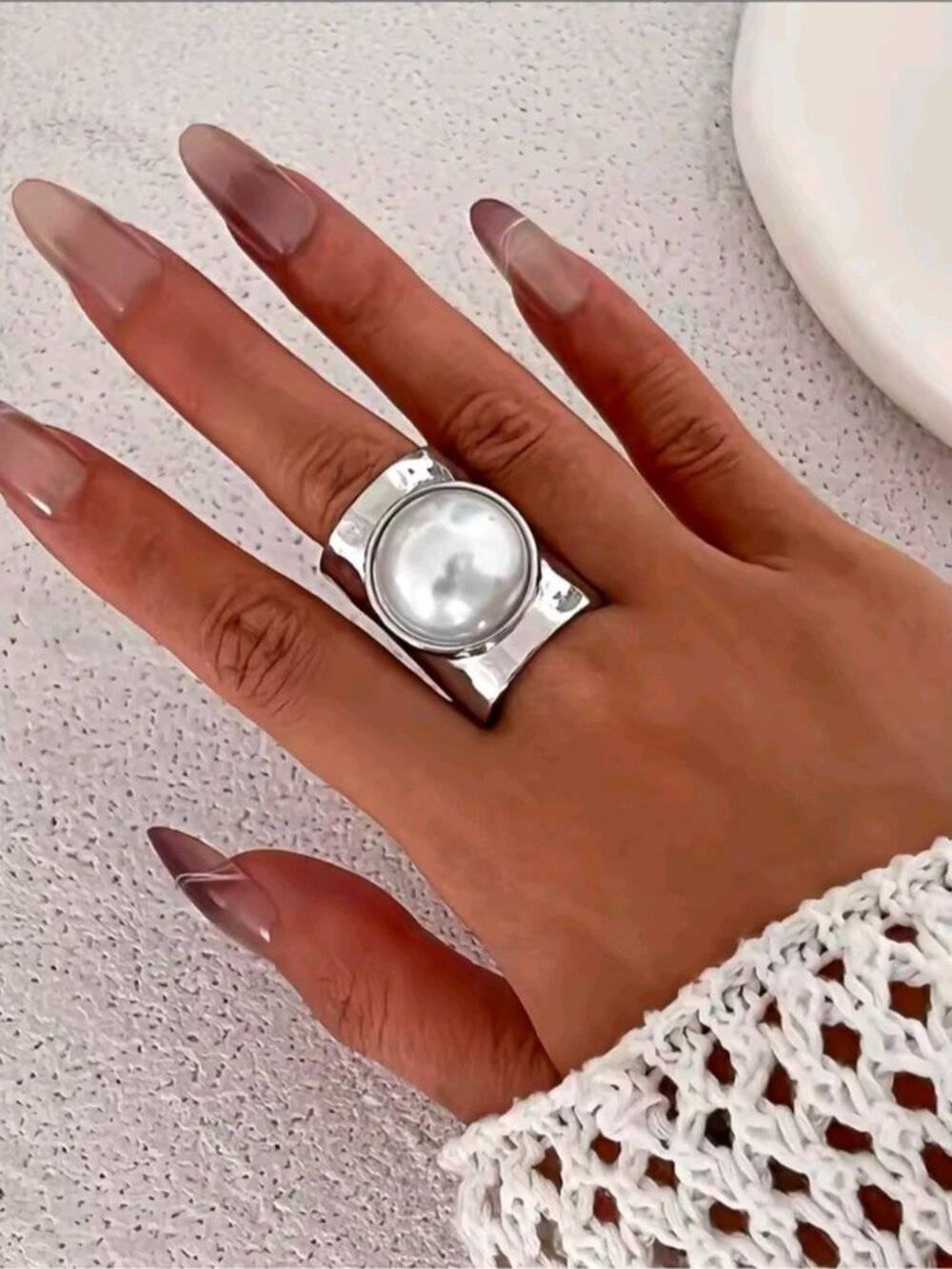 Silver Pearl Dome Statement Ring - White Pearl Accent